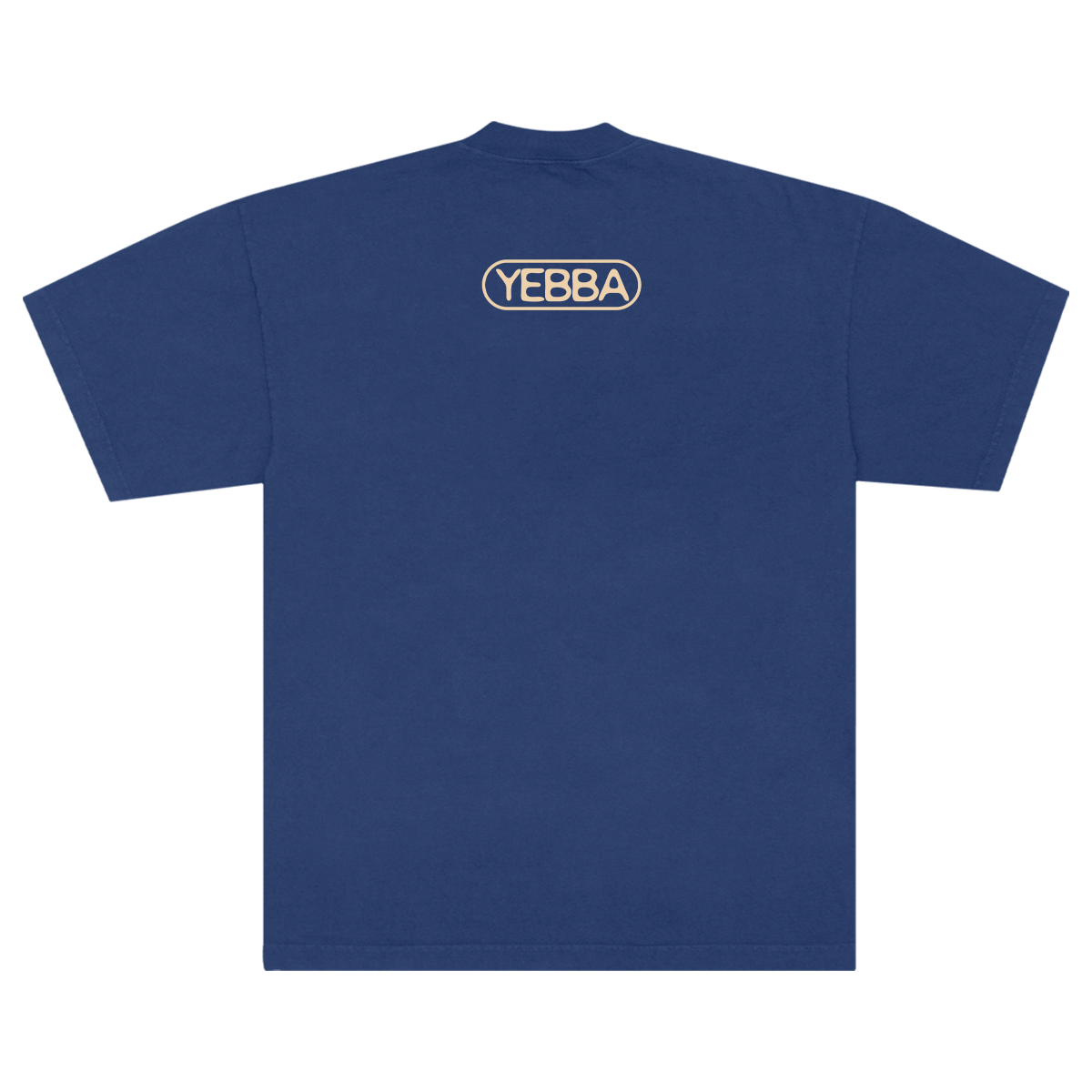 Blue t-shirt with 'YEBBA' logo on the back.