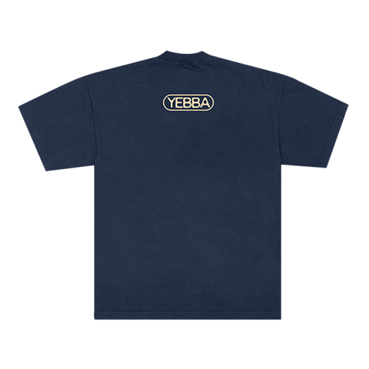 Navy blue t-shirt with 'YEBBA' logo on the back.